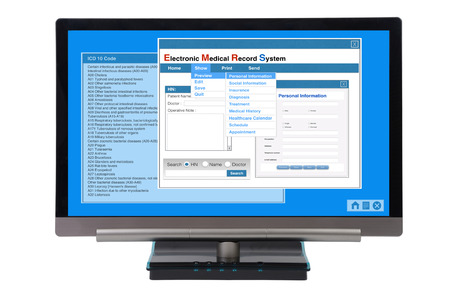 Electronic medical record show on computer monitor on white background.の写真素材