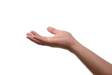 Human right hand lift up invisible thing on white background.の写真素材