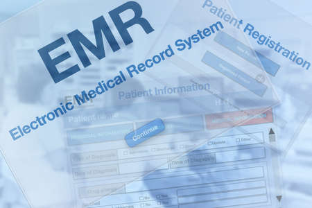 Blue background of computer display screen for electronic medical record.