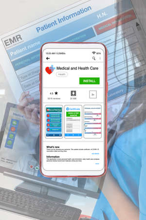 Smartphone showing health and medical application on screen with health service on background.の写真素材