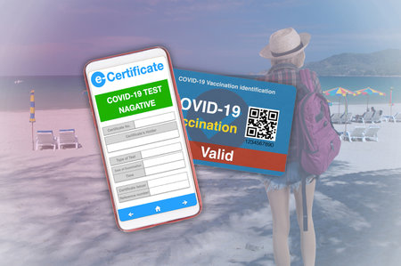 Covid-19 vaccination certificate on mobiel and card for traveling with female traveler on background.の写真素材