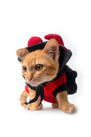 Front view and lower level of cute little cat wearing red and black devil costume for halloween standing on white background.の写真素材