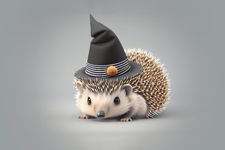 Generative AI of only one hedgehog wearing black witch hat on gray gradient background.の素材