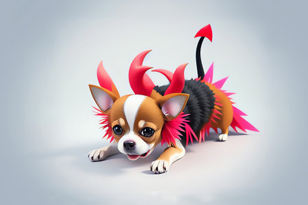 Generative AI of only one chihuahua dog wearing red devil costume for Halloween celebration crouched on gray gradient background.の素材