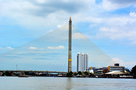 View from the boat of Rama VIII Bridge over the Chao Phraya River that beautiful view point in Bangkok's river tourism.の写真素材