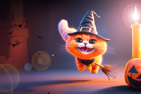Generative AI graphic image of scottish fold cat riding witch broom with halloween night background.の素材