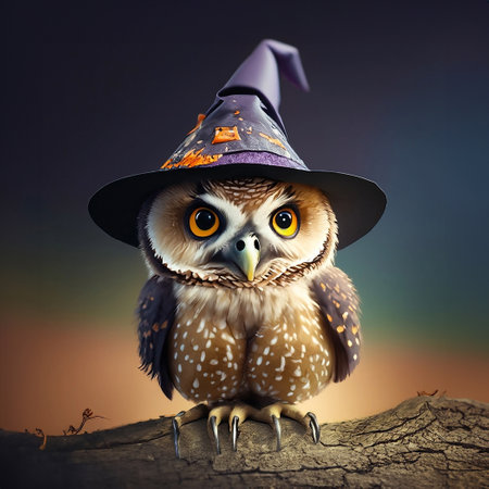 Little cute owl wearing witch hat standing alone on timber.の素材