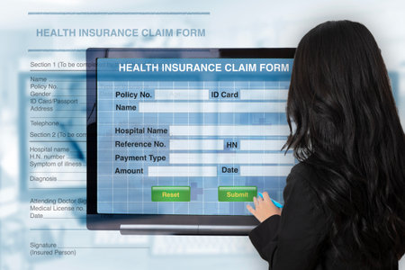 Woman turn back to see health insurance claim form showing on computer screen while paper document...