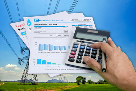Someone's hand is pressing a calculator as utility bills are stacked against each other with high-voltage utility poles running across a field in the background.の写真素材