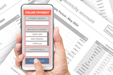 Someone hand holding smartphone showing payment application online with black and white electricity...
