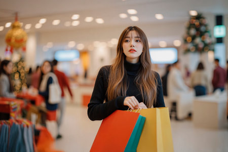 A woman shopping for Christmas presents in a crowded shopping mallの素材