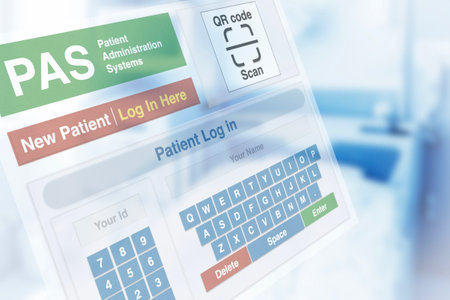 Computer interface for patient management systems for hospital admissions with patient ward on background.の写真素材