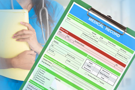 Medical record form on clipboard with female doctor holding folder at hospital on background.の写真素材