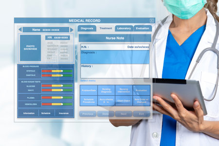 Blank medical record screen interface showing in front of female doctor is working on digital tablet.の写真素材