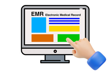 Graphic picture of hand pointing to computer monitor that showing EMR or electronic medical record application on screen on white background.の写真素材