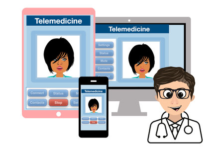 Graphic picture showing telemedicine can be used with a variety of communication devices, including mobile phones, tablets, and computers.の写真素材
