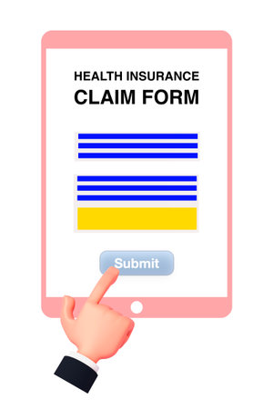 Someone hand trying to submit health insurance claim form on digital tablet on white background.の写真素材