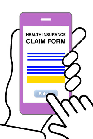 Someone hand trying to submit health insurance claim form on smartphone on white background.の写真素材