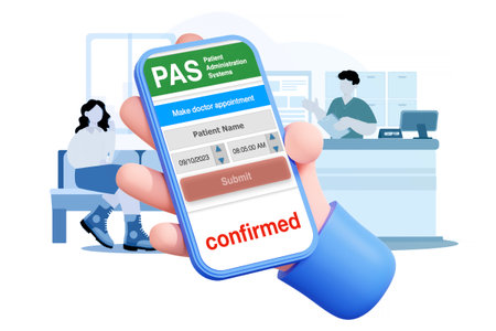 Cartoon picture of someone hand holding smartphone showing PAS or Patient Administration System mobile app.の写真素材