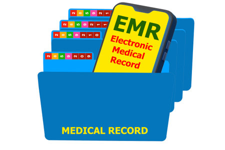 Graphic picture of smartphone showing EMR application in opened medical record folderon white background.の写真素材