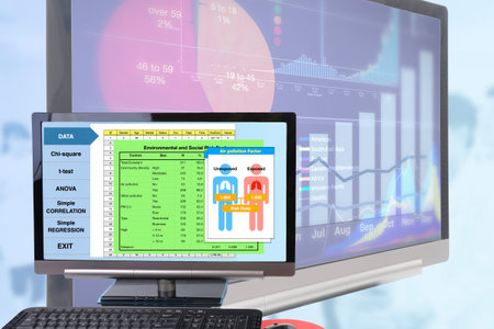 A computer showing data analysis by statistical program while a screen is displayed in the background showing graph of the results.の写真素材