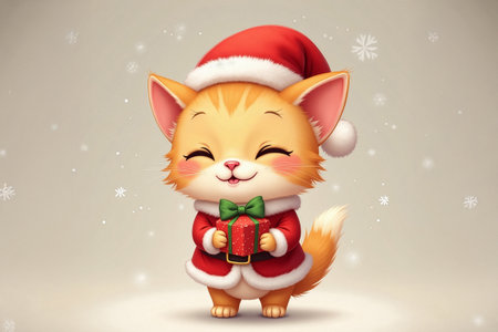 Cute orange cat in smiling face in red Santa Claus costume on gradient background.の素材