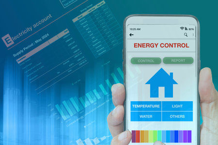 Someone hand holding smartphone that showing energy control applican on screen whith background of...