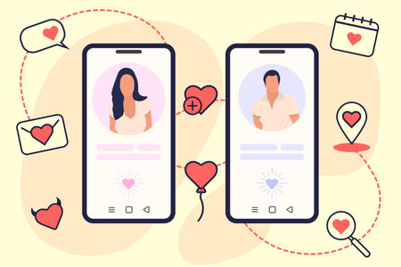 Online dating service application. Smartphones with man and woman profiles. People looking for a couple. Concept of social media, virtual relationship communication. Vector background.のイラスト素材