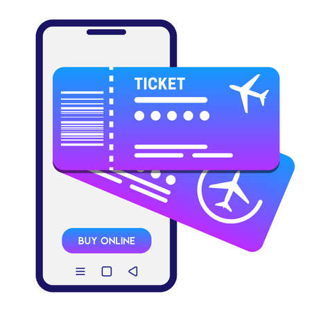 Buying tickets online concept. Vector illustration. White smartphone and 2 flight ticketsのイラスト素材