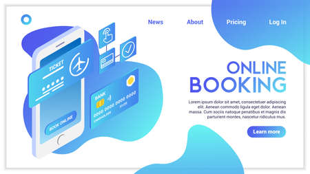 Online ticket booking landing page concept. Vector illustration. White smartphone with flight ticket, abstract credit card and icons.Modern style in soft blue colorsのイラスト素材