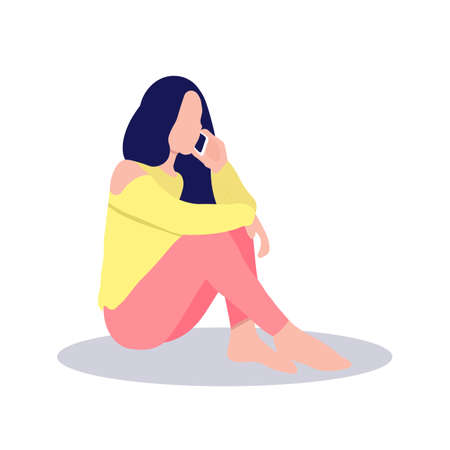 Young adult girl sitting and talking on the phone. Vector illustration in modern flat style.のイラスト素材