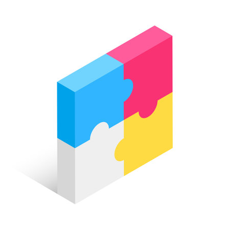 Multi-colored puzzle of 4 pieces. Vector illustration in modern isometric style. 3d icon.のイラスト素材