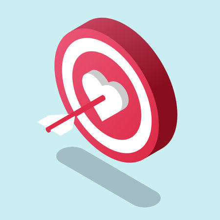 Target with a heart in the middle and an arrow in it. Concept of lucky love, cupid arrows, accurate hit. Vector illustration in isometric style. Simple 3d icon.のイラスト素材