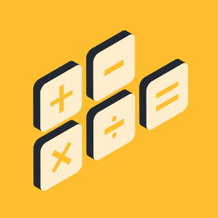 Addition, subtraction, multiplication and division signs. And also the equal sign. Calculations concept.Vector illustration in modern isometric style. 3d icons set.のイラスト素材