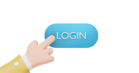 Cartoon friendly hand pressing login button. 3d render illustration for business needs.