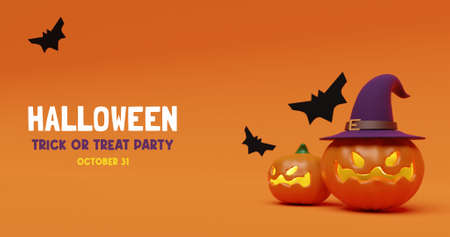 Happy Halloween banner or party invitation background with pumpkins and bats.