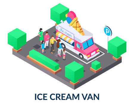 Queue to the ice cream van of people of different genders and ages. Mobile food truck, fast food, business on wheels concept. Vector illustration in isometric style on white backgroundのイラスト素材