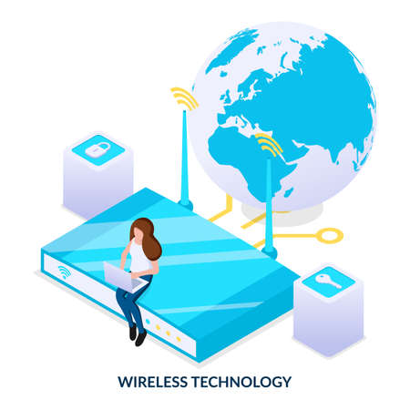Wireless technology concept, global Wi-Fi and mobile networks. Girl is sitting with a laptop on the router and has access to the Internet. Vector illustration in isometric style on white background.のイラスト素材