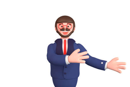 Happy cartoon character standing on white background and showing empty copy space.3d render...