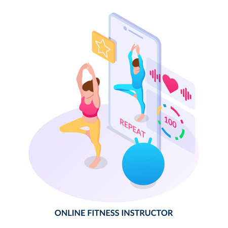 Online training concept. Sports at home with a coach. Fitness in isolationのイラスト素材