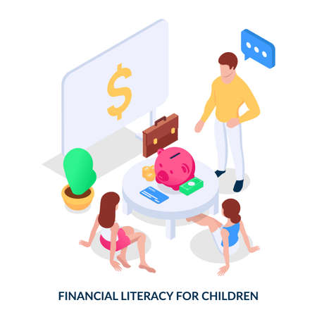 Financial literacy for children. Concept. Man teaches the younger generation how to handle moneyのイラスト素材