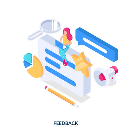 Feedback concept. The girl writes a review or leaves a comment on the Internet. Isometric vector illustration on white background.のイラスト素材