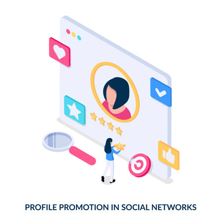 Social network profile promotion and social media marketing concept. Isometric vector illustration on white backgroundのイラスト素材