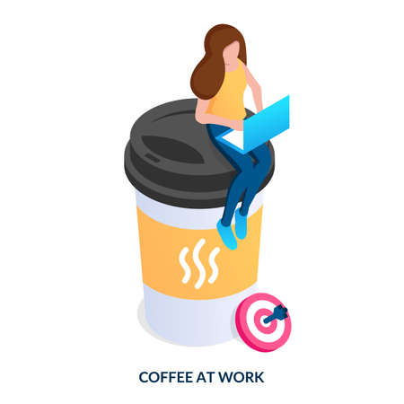 Coffee at work concept. A girl with a laptop sits on a large cup of coffee. Isometric vector illustration on white backgroundのイラスト素材