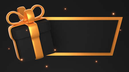 Banner with gift box and gold ribbon on black background and copy space. Black friday 3d render...