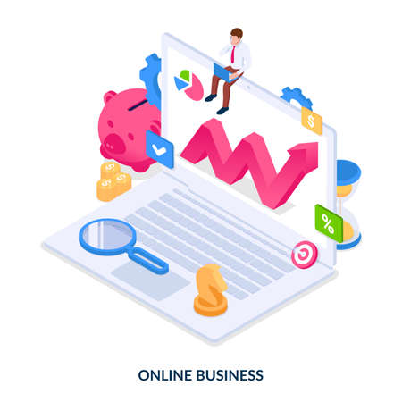Online business concept. Man develops his business using a laptop. Isometric vector illustration on white background.のイラスト素材