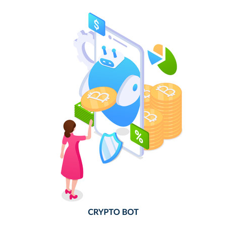 Crypto bot concept. Artificial intelligence for trading automation. Isometric vector illustration on white background.のイラスト素材