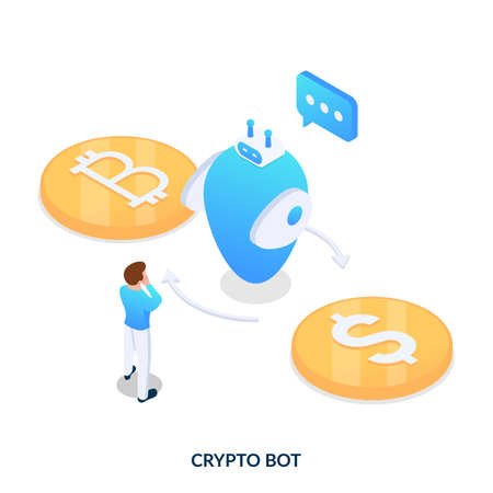 Crypto bot concept. Artificial intelligence for trading automation. Isometric vector illustration on white background.のイラスト素材