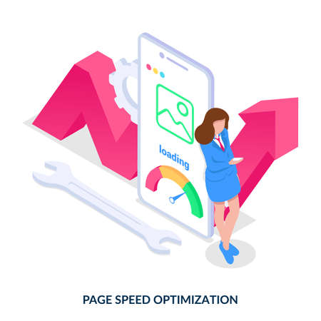 Page speed optimization. Concept. Accelerated Mobile Pages. Site loading boosting. Isometric vector illustration on white background.のイラスト素材