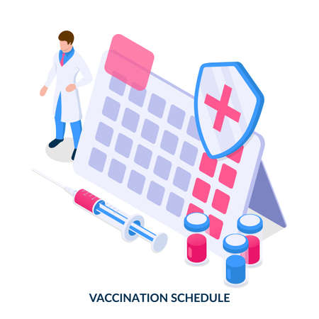 Vaccination schedule concept. Immunization campaign. Isometric vector illustration on white background.のイラスト素材